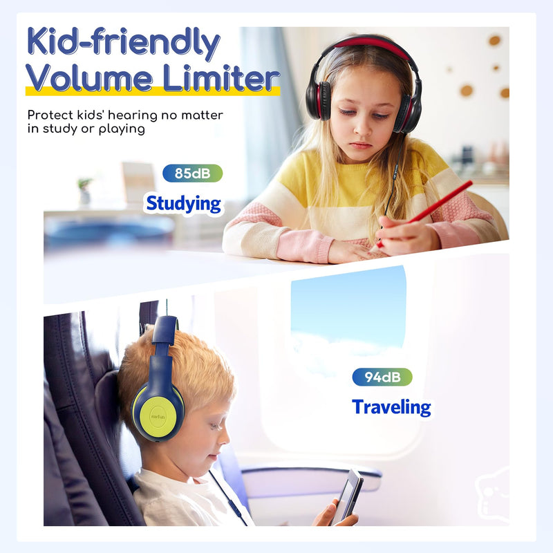 EarFun Kids Headphones Wired with Microphone, 85/94dB Volume Limit Headphones for Kids, Portable Wired Headphone with Shareport, Stereo Sound Foldable Headset for School/Tablet/iPad, Blue Lemon Plug 3.5mm