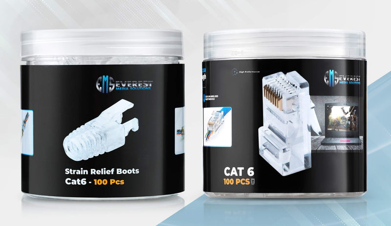 Everest Media Solutions Bundle – 2 Items: RJ45 Cat6 Pass Through Connectors and Strain Relief Boots - Pack of 100/100 + RJ45 Cat5e Pass Through Connectors and Strain Relief Boots - Pack of 100/100