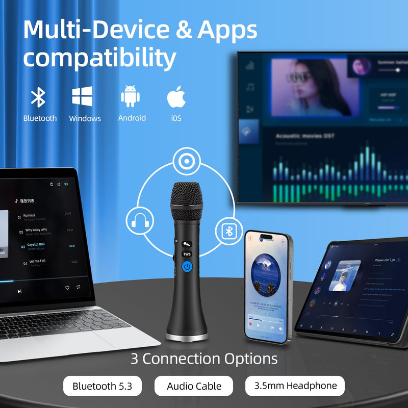 YF79 Wireless Bluetooth Microphone with 20W High Power, DSP Chip for Clear Sound, Dual Mic Connectivity for Duet Singing, One-Click Vocal Reduction for Karaoke, Portable Design with Loud Volume(Black) Black