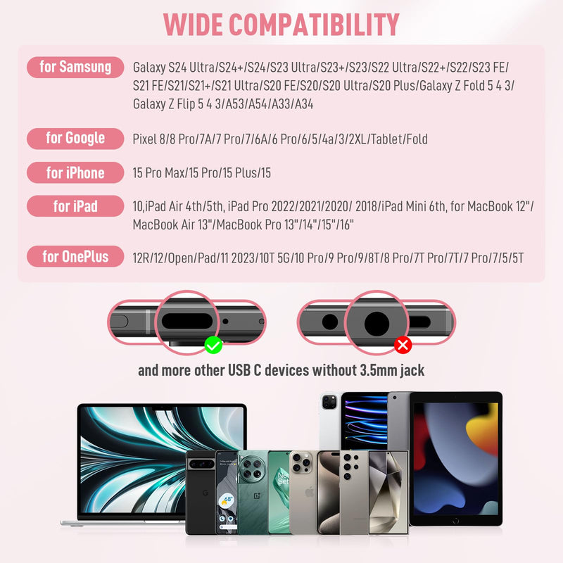 USB C Headphones for iPhone 15 Pro Max Plus iPad Air, Type C Earphones with Mic HiFi Stereo Magnetic USBC Wired Earbuds for Samsung Galaxy S24 Ultra A35 S23 Fe S22+ Flip Fold 5 Pixel 8A 8 7 Pro, Pink