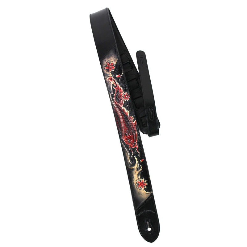 [AUSTRALIA] - Walker And Williams KB-24 Black & Ruby Red 2" Premium Carved Grain Leather Guitar Strap With Koi Fish Design For Acoustic, Electric, And Bass Guitars 