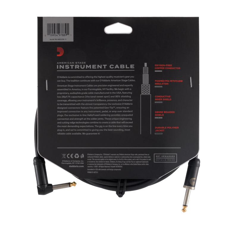 D'Addario Guitar Cable - Guitar Lead - Geo Tip for Secure Connection - 10 Feet/3.05 Meters - Straight End/Right Angle - 1 Pack Straight to Right Angle