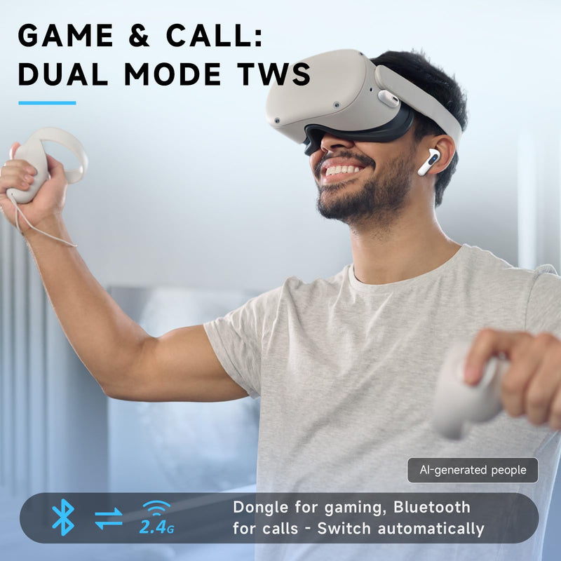 RYR Wireless Gaming Earbuds with Noise Cancelling Mic, 2.4Ghz & Bluetooth | 20ms Low Latency, LED Display, 36H Playtime for Meta Quest 3/2, PS5, PS4, VR, Switch, Steam Deck, PC, Phone White
