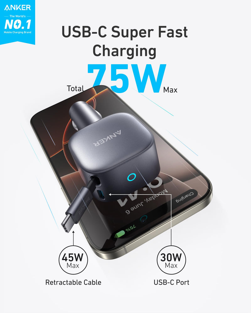 Anker 75W Fast Charging USB C Car Charger with Retractable Built-in Cable | Fast Power Adapter, Car Accessories for iPhone 17 / 16 Series, Galaxy S25 / S24, MacBook Pro / Air, iPad, and More