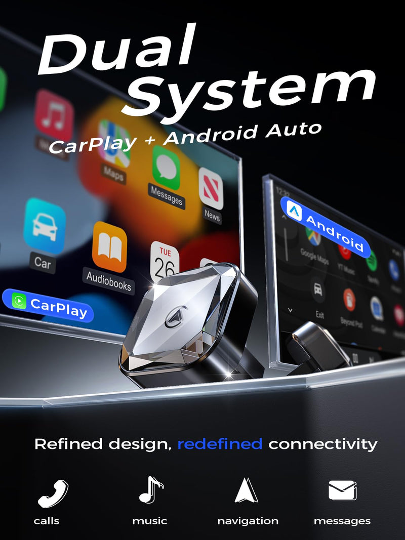 Wireless CarPlay Adapter & Wireless Android Auto Adapter, 2 in 1 Car Dongle | with WiFi 6 & Bluetooth 5.4, 3s Auto-Connect, Metal Housing for Better Cooling, Includes USB-C Adapter, Fits 1000+ Vehicles Black