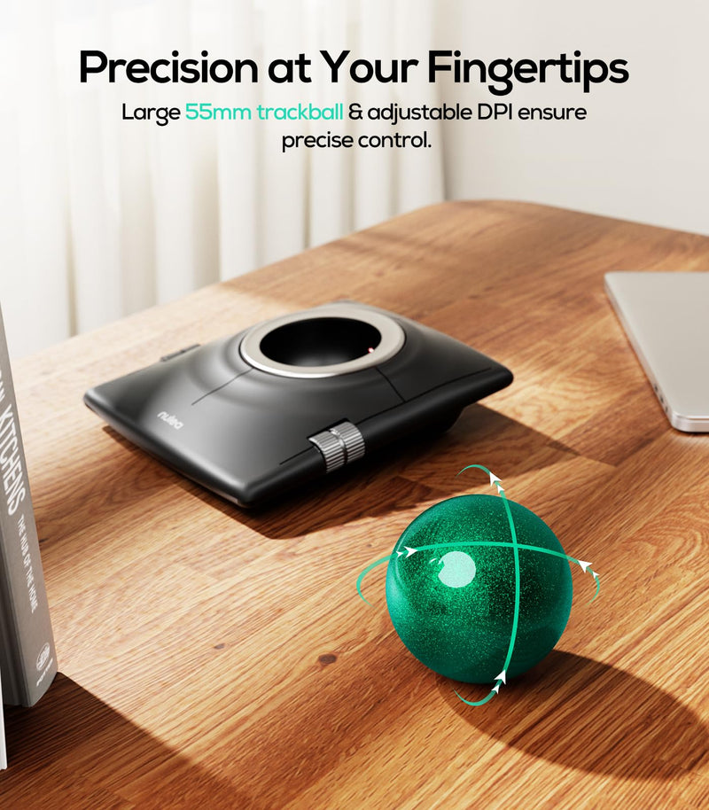 Nulea Wireless Trackball Mouse Ergonomic 55mm Large Ball Ambidextrous | Rechargeable mouse with free spin scroll wheel,quiet clicks,Bluetooth USB connection,smooth tracking,PC Mac compatible-Green Green