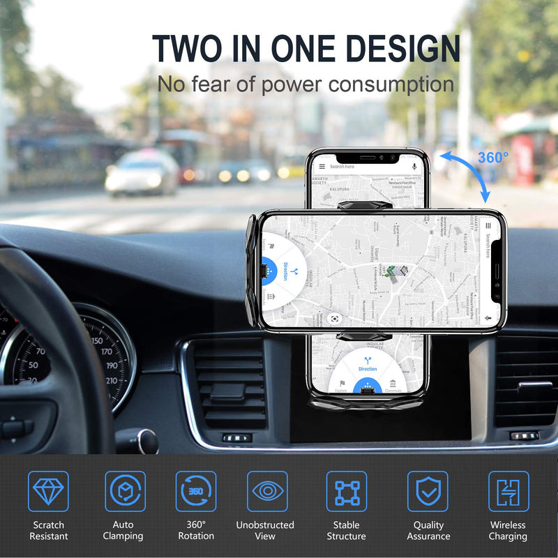 Wireless Car Charger,15W Qi Fast Charging Auto-Clamping Air Vent Windshield Dashboard Car Phone Mount,Long Arm Suction Cup Holder for iPhone Samsung LG Black-2