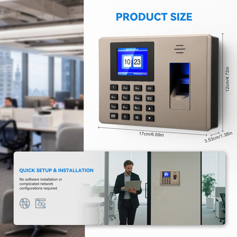 Time Tracking for Small Businesses, Multilingual, with Fingerprint & Pin Input, 1000 Fingerprint & 1000 ID, Employee Time Tracking Device, Working Time Tracking for Small Businesses