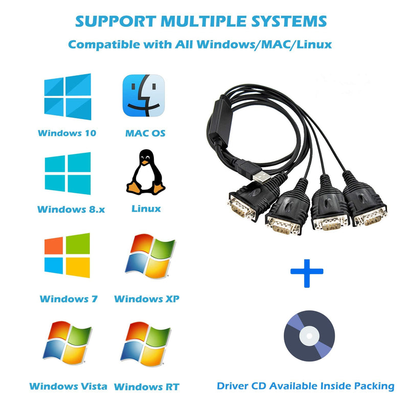 TECHTOO 4 Port Professional FTDI CHIP USB to RS232 Serial Cable DB9 Serial Adapter Converter 9-Pin Male to Male with Hexnuts (W/Hexnuts, 4 RS232 Port) W/Hexnuts
