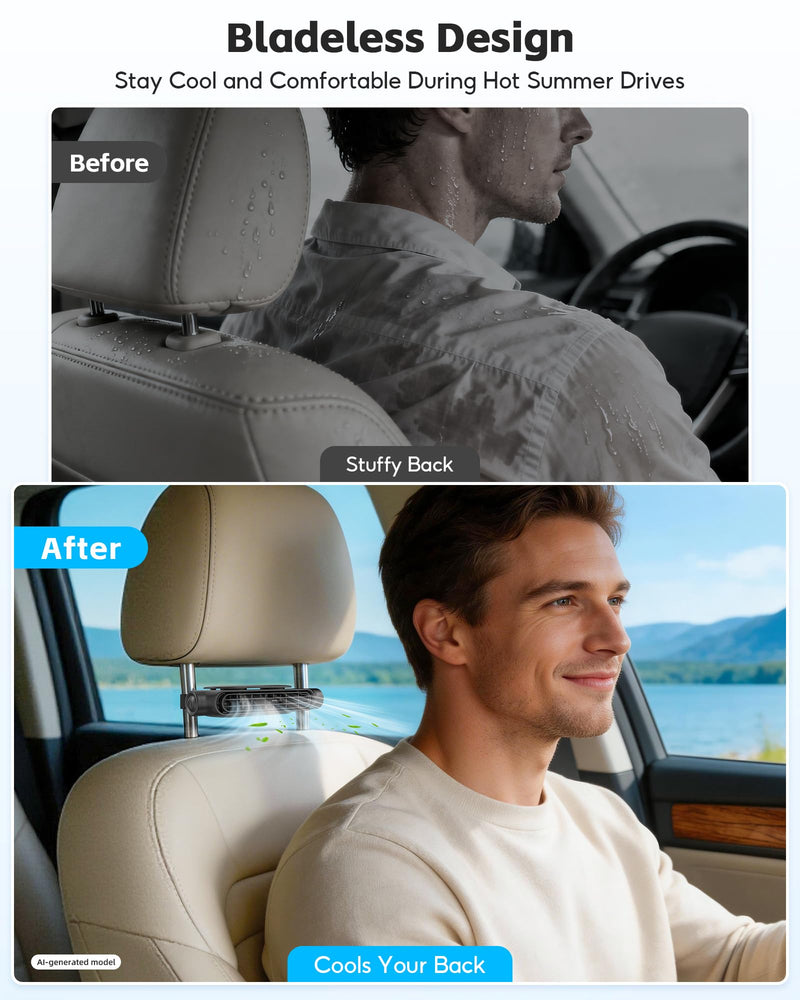 2Pack Car Seat Fan, Bladeless Dual Airflow, USB Powered for Car Headrest | For front & back car seats, no built-in battery, non-rechargeable, 3 Speed quiet, fits 4.92–6.9 in headrest posts