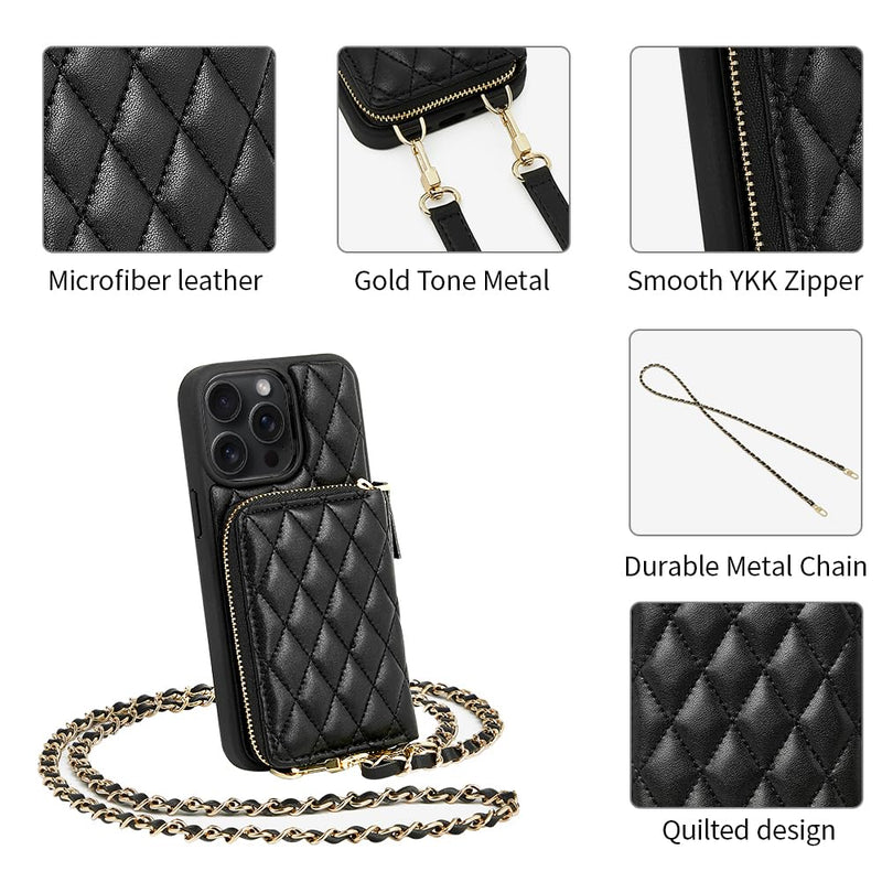 LAMEEKU for iPhone 14 Pro Max Wallet Case, Card Holder Case Crossbody Purse for Women Quilted Leather RFID Shockproof Cover Compatible with iPhone 14 Pro Max, 6.7 Inch-Black iPhone 14 Pro Max 6.7" Black-01