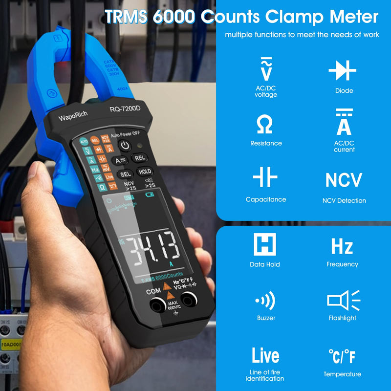 Digital Clamp Meter TRMS 6000 Counts Multimeter, WapoRich Ammeter Voltmeter Tester with Auto Range NCV Measures AC DC Voltage Current Resistance Continuity Capacitance Diodes Temp Frequency RQ-7200D