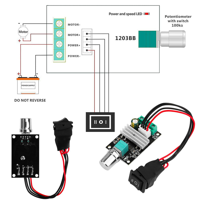 DC Motor Speed Controller - PWM 6V/12V/24V/28V/3A/80W Speed Adjustable Reversible Switch 1203BB DC Motor Driver for Fan, DC Motor, Fish Tank Oxygen Pumpt 6-28V 3A