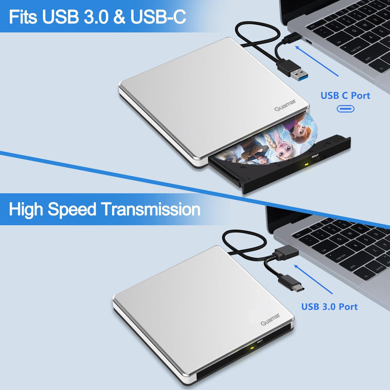 [AUSTRALIA] - Guamar External CD Drive for Mac: Portable DVD Burner Player for Laptop PC Windows 11 with SD/TF Slot 2 USB Ports - USB-C Superdrive for Apple MacBook Plug & Play (Silver) White 