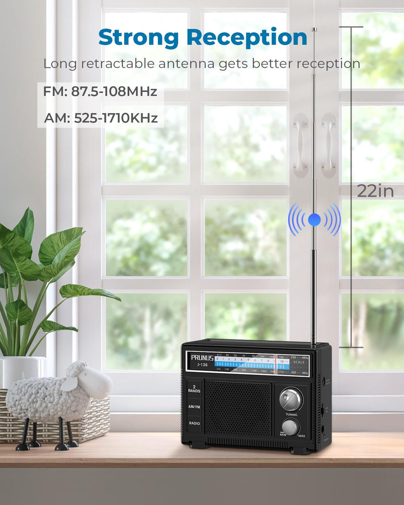 PRUNUS J-136 Portable AM FM Radio with Best Reception,D Battery Operated or Plug in Wall, Transistor Radio,Loud Speaker Support AUX in and Micphone in, Small Radios Portable AM FM, No
