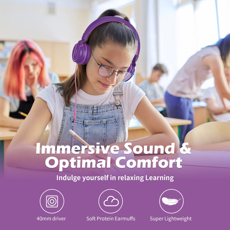 Kids Headphones, AILIHEN I35 On-Ear Headphones for School, Safe Volume 93dB, HD Mic Stereo Headphone for Kid Girls Children, Foldable Wired 3.5mm for Chromebook, Laptop, Computer, Tablet (Pink Purple) Pink Purple