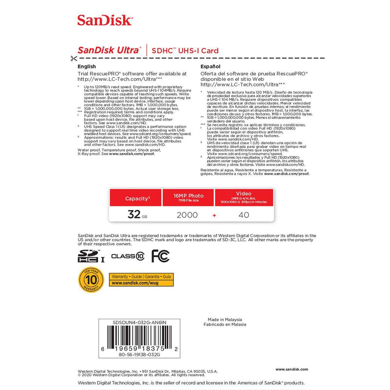 SanDisk 32GB Ultra UHS-I Class 10 U1 SDHC Memory Card, 120MB/s Read, 10MB/s Write