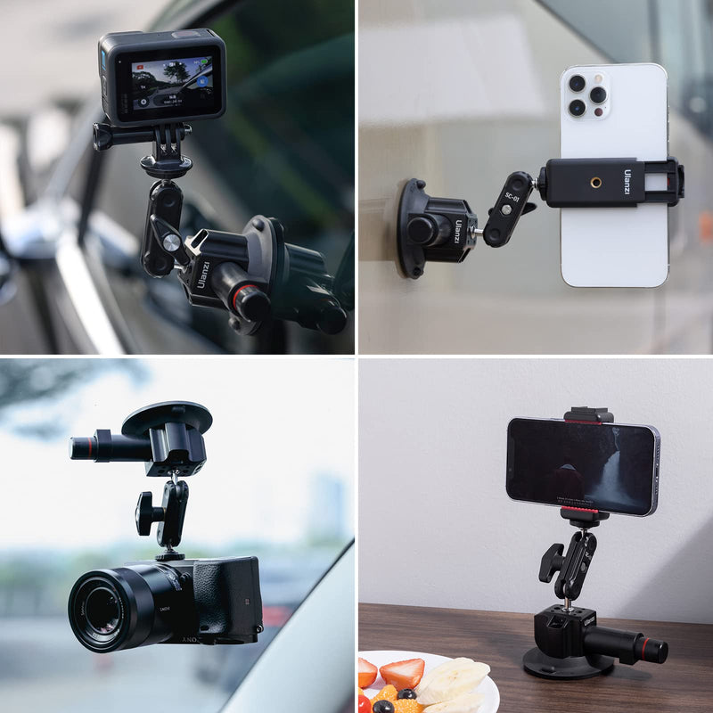 [AUSTRALIA] - UURig SC-01 Suction Mount 3" for Vlogging Action Camera Car w Smartphone Clamp Compatible with DJI OSMO Pocket 3/OSMO 360/Insta 360 x5/Xtra/iPhone 17 16 15 14Pro Max, 1/4" Magic Arm Windshield Window 3" SC-01 Suction Mount 