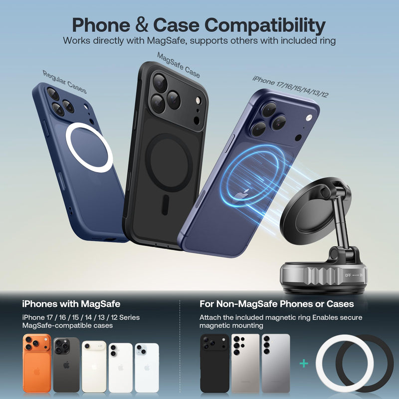 Golinbox Upgraded Nano Gel Vacuum Magnetic Car Phone Holder for MagSafe 360° Adjustable, [100+LBS Suction & 3000gf Magnetic] Suction Cup Phone Mount for Your Car/Gym/Mirror Mount for iPhone & Android