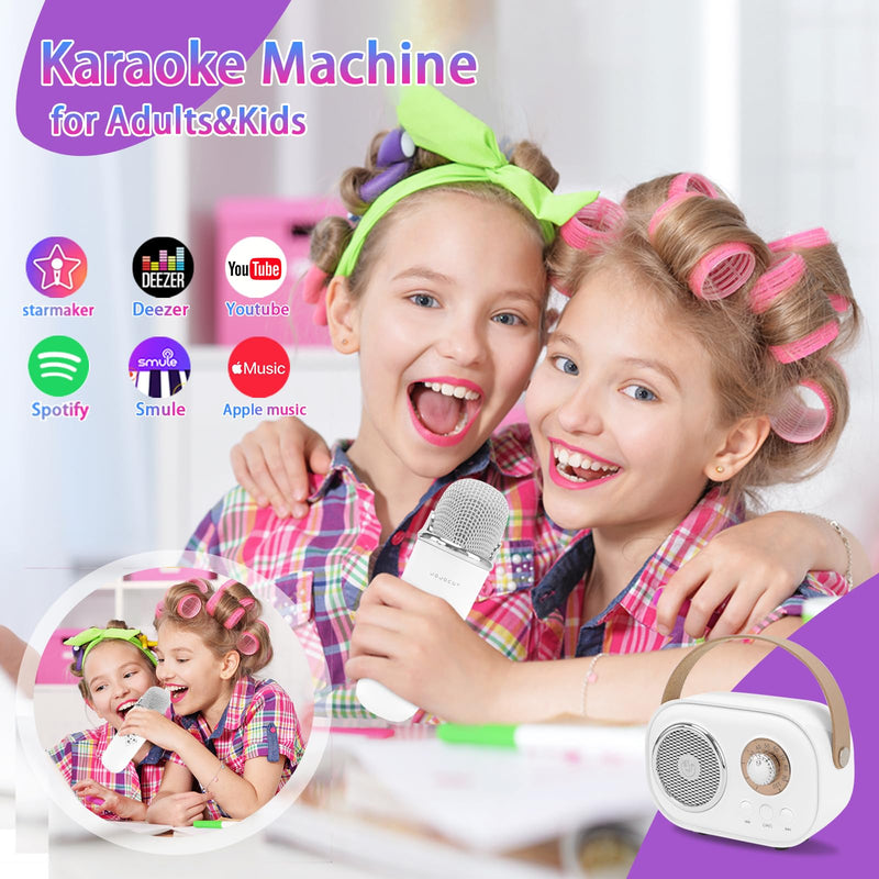 [AUSTRALIA] - Mini Karaoke Machine for Kids,Portable Bluetooth Speaker with 2 Wireless Microphone,Toys for Girls Boys Gifts,Retro Speaker Set Stereo Sound Enhanced Bass for Home Party Birthday (White) White 