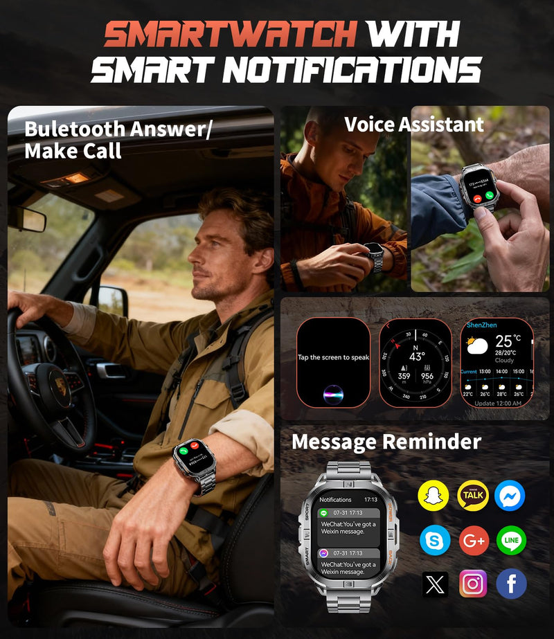 SUNKTA Smart Watches for Men(Answer/Dial Calls),2.01" Ultra Large HD Smartwatch with 60 Days Extra-Long Battery/Heart Rate/Sleep Monitor/Flashlight/2 Straps,Rugged Fitness Watch for iOS/Android Black