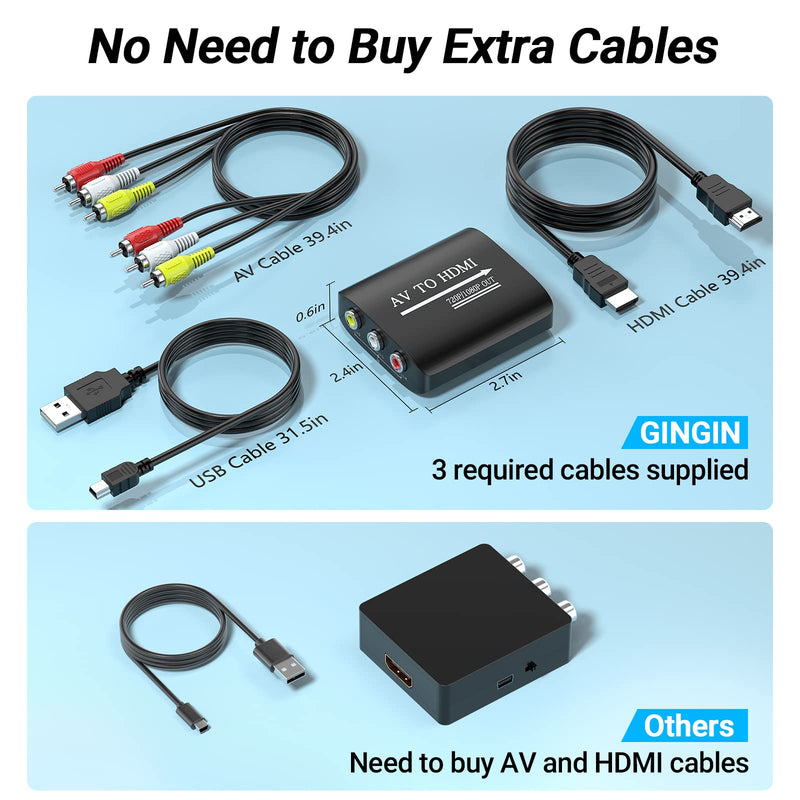 RCA to HDMI Converter, GINGIN 1080p/720p AV to HDMI Converter for TV/PC/N64/Wii/PS1/PS2/PS3/STB/Xbox/VHS/VCR/Blue-Ray DVD Players, with RCA and HDMI Cables Converter (with RCA and HDMI Cables)
