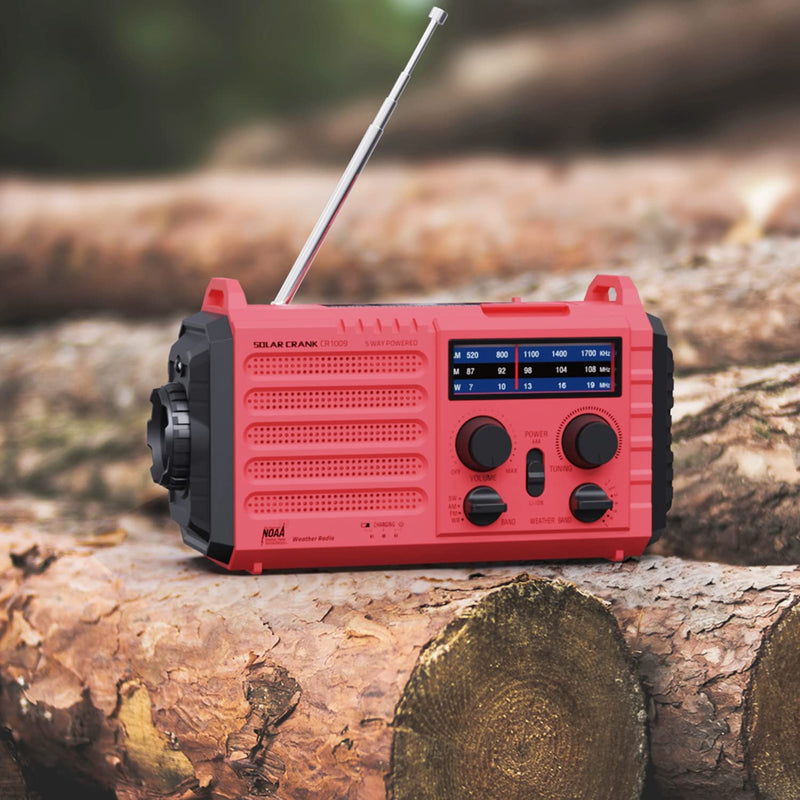 5000mAh Weather Alert Radio, AM/FM/SW/NOAA Radio, Solar Hand Crank Portable Survival Emergency Radio,Rechargeable Battery Power Bank USB Cellphone Charger,Camping Flashlight Lantern,SOS Alarm,Compass Red
