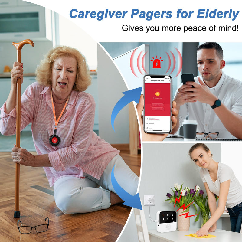 WiFi Smart Wireless Caregiver Pagers for Elderly Alert Button That Calls Cell Phone Caregiver Alert System with LED Number Display 2 SOS Call Button 1 Receiver(Only Supports 2.4GHz & No Monthly Fee) 2 Button & 1 Receiver