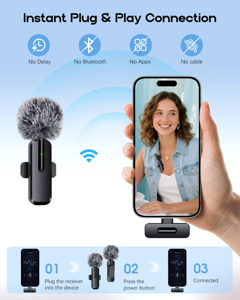 [AUSTRALIA] - Wireless Mini Microphone for iPhone - 2 Pack Lavalier Bluetooth Microphone for Video Recording, 2 in 1 Noise Reduction Lapel Mic for Ipad, Android,Clip-on Mini Mic for Content Creators Podcast Black-(USB-C + Lightning) 