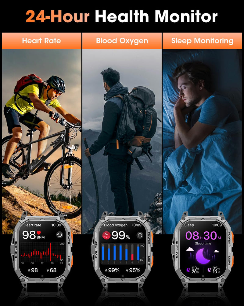 Military Smart Watches for Men, 2.01" HD Smartwatch with 1000 mAh Battery/2 Straps/Answer/Make Call/Led Flashlight/Heart Rate/Sleep Monitor, 100+ Sport Modes Fitness Tracker for Android/iPhone