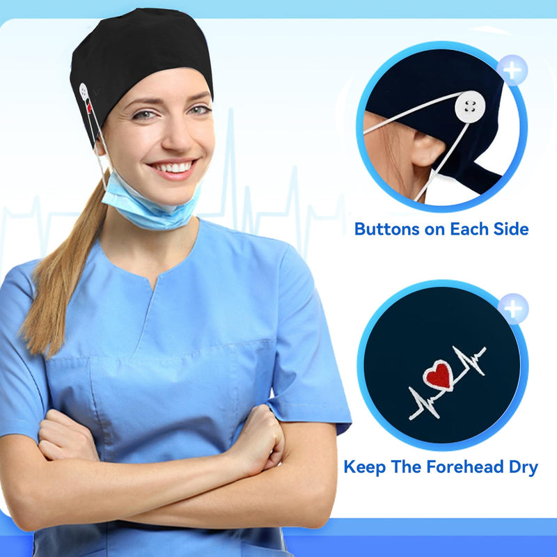 yolzhxe Pack of 2 Surgical Cap, Fabric, Adjustable Unisex Nurse Cap, Reusable Surgical Caps, Fabric with Button and Sweatband, Full Hair Cover Cap, for Doctors, Nurses