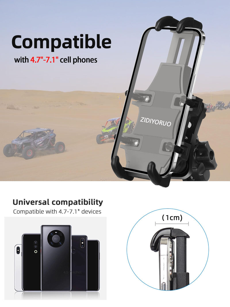 ZIDIYORUO Anti-Shake UTV Phone Mount Holder with Vibration Dampener | Heavy Duty Aluminum SXS Cell Phone Holder Fit for 1.75"-2" Roll Cage, Adjustable & Full Protection, Holds 4.7"-7.1" Phones