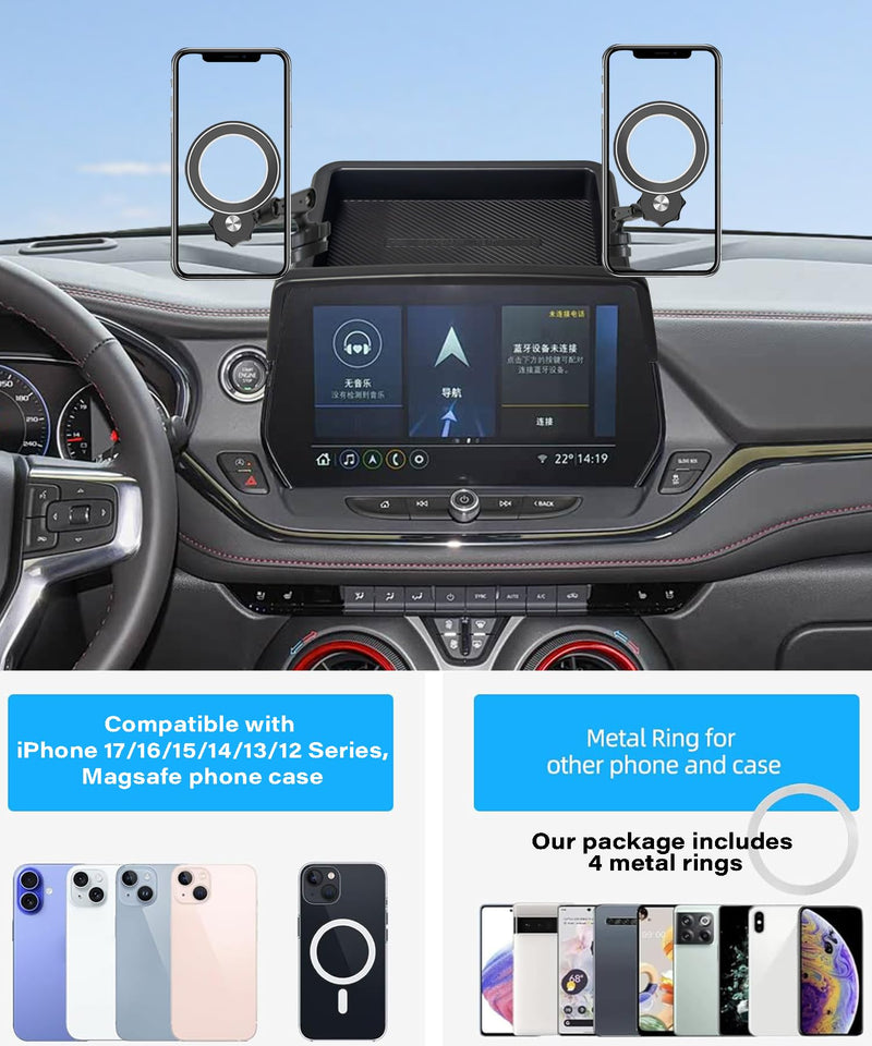 Car Phone Holder for Chevrolet Blazer 2023 2024 2025 2026 Accessories Apply to 10.2 Inch Touchscreen Fixed Clip MagSafe Cell Phone Mount with Dashboard Storage Tray for 2023-2026 Blazer(10.2 Inch+magnetic*2)