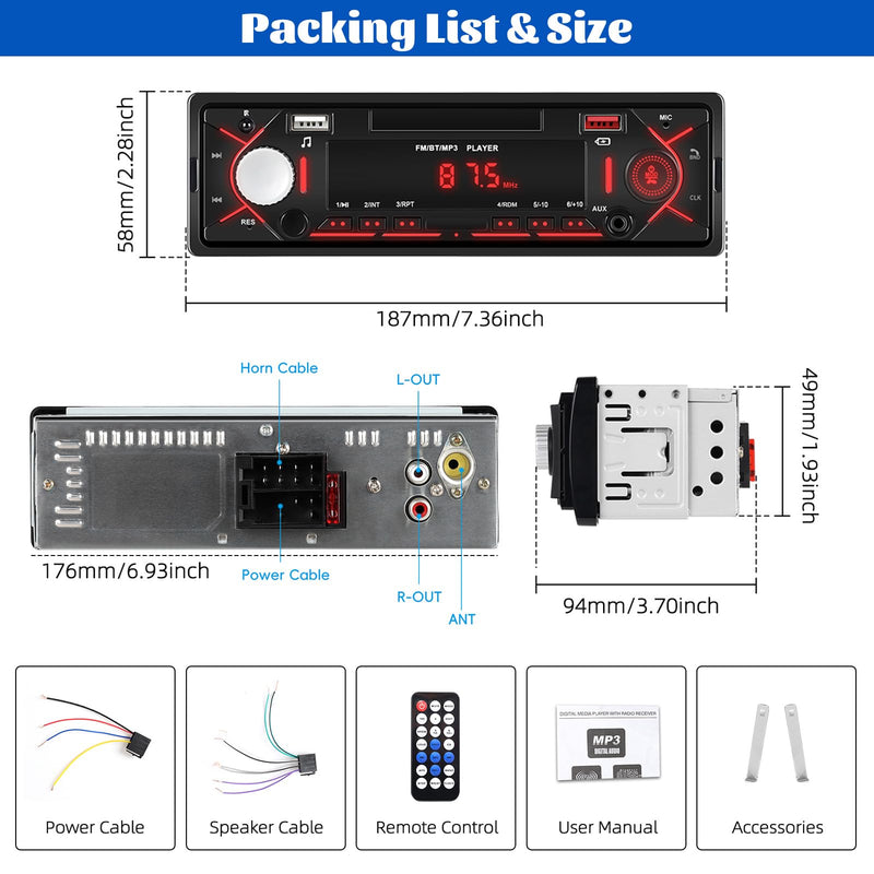 [AUSTRALIA] - Single Din Bluetooth Multimedia Car Stereo Radio,Car Audio MP3 Player Support Hands-Free Calls/USB/FM/TF/AUX-in,Car Radio Receivers with Digital LCD Display 