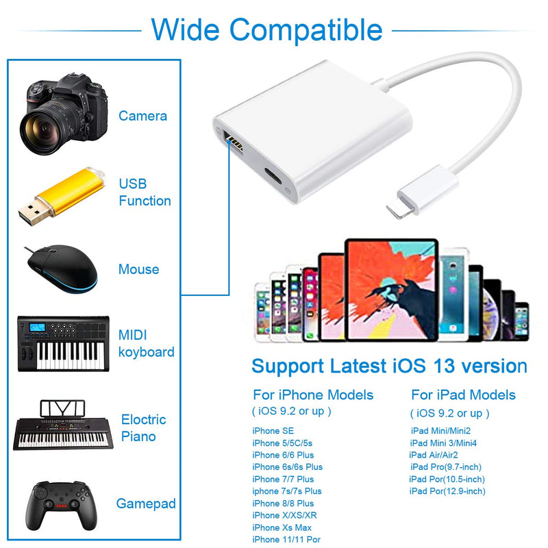 Lightning to USB3 Camera Adapter with Charging Port, Lightning Female USB OTG Cable Adapter for Select iPhone,iPad Models Support Connect Camera, Card Reader, USB Flash Drive, MIDI Keyboard (White)