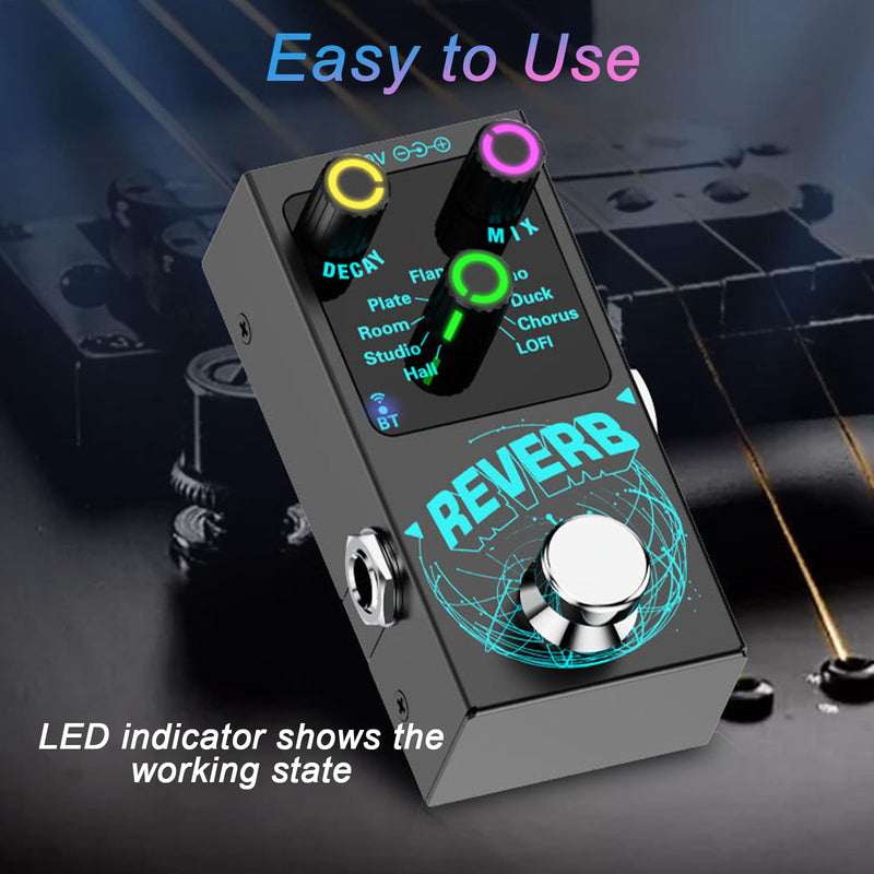 Mini Reverb Guitar Pedal, Verb Square Digital Reverb 9 Modes Room, Hall, Chorus, Duck, Plate, Studio, LOFI, Echo, with True Bypass Aluminium Alloy Black