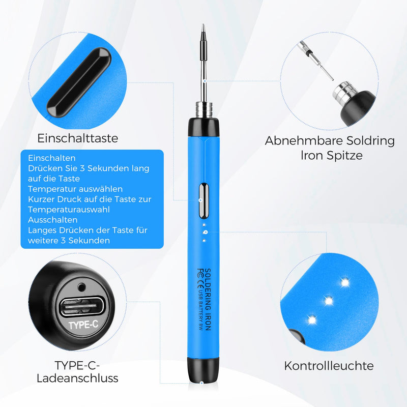 Wireless Soldering Iron Set - USB Soldering Iron with 3 Temperature Adjustable 300°C - 450°C, 3 Soldering Tips, Soldering Iron Stand, Soldering Wire, Soldering Paste, KKMOL Soldering Set for Repair of Blue