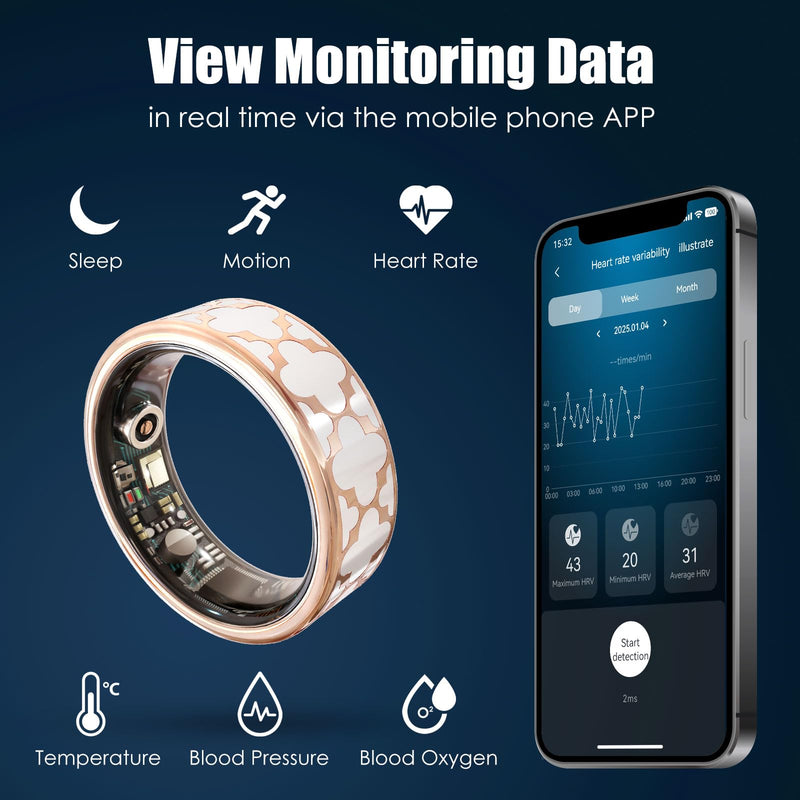 Smart Ring, Classic Clover Fitness Trackers, Large-Capacity Battery, Fitness/Sleep/Stress/Temperature Tracker for Women & Men, 5ATM Waterproof, iOS & Android Compatible, Black, APP Fees (7) 7
