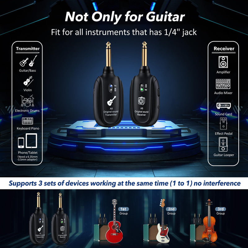 Wireless Guitar System UHF 2 Modes, Rechargeable Li-Battery, 100ft Range, Plug & Play for Guitar, Bass, Violin, Keyboard - Black (2TX + 1RX) A8-2