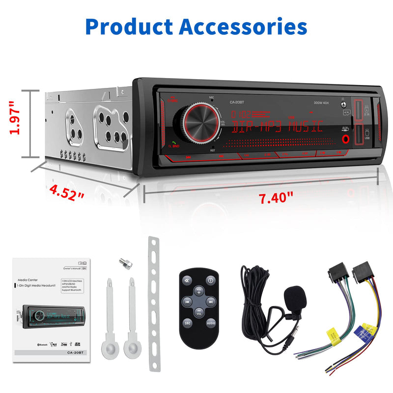 Single Din Car Stereo Receiver: Indash Bluetooth Car Radio System | LCD Display FM AM USB SD AUX MP3 APP Remote 2.1A Quick Charge Pre-Amp
