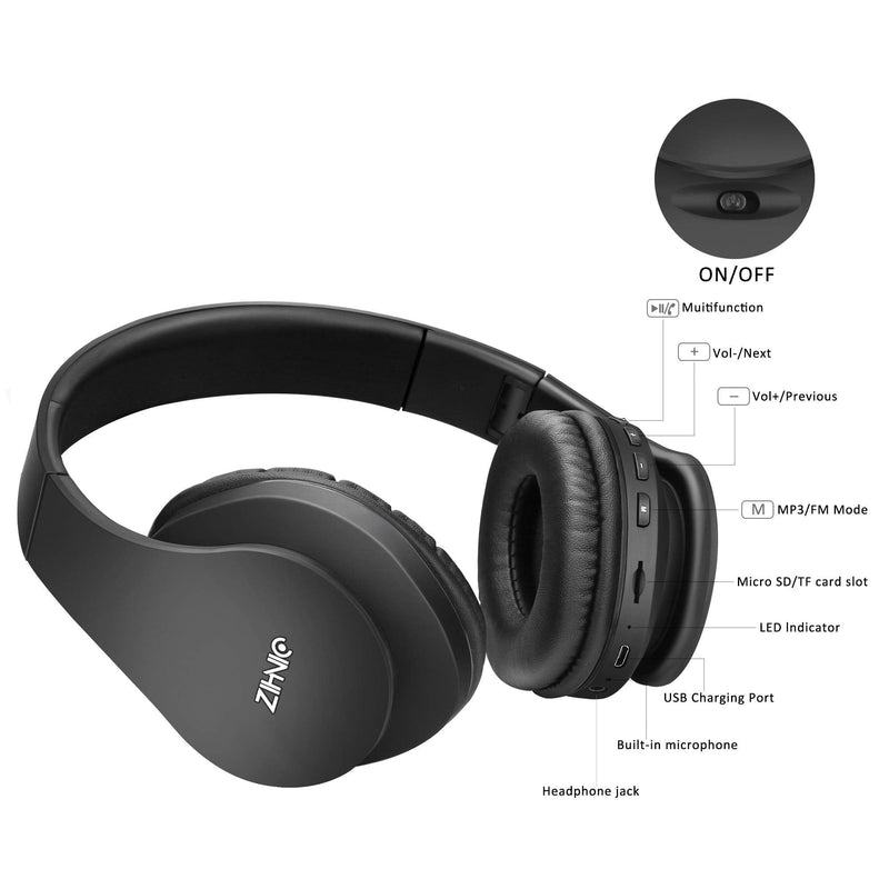 ZIHNIC 2 Items,1 Black Over-Ear Wireless Headset Bundle with 1 Black Red Foldable Wireless Headset