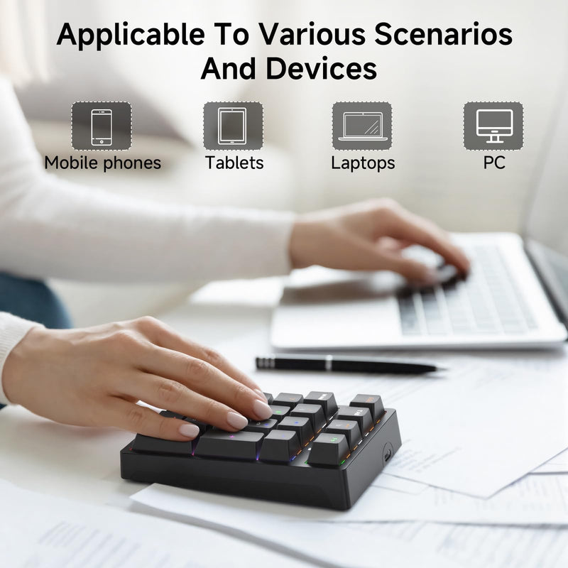 Wireless Numeric Keyboard | Mechanical Number Pad with RGB LED Backlit Wireless 2.4G/Bluetooth 5.0/Wired USB-C Rechargeable Numeric Keypad for Win/Mac Black
