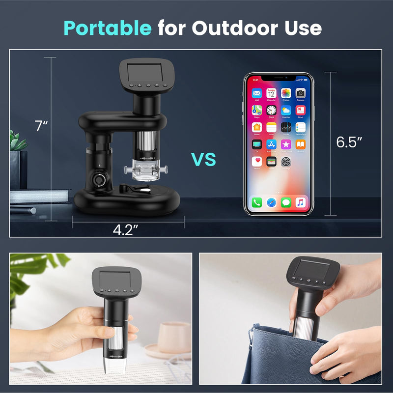 [AUSTRALIA] - Kids Microscope for Ages 8-12, Handheld Digital Microscope D-MS1 with 2" IPS Screen - Take Pictures & Videos - Download to PC & Mac - 1000X Pocket Microscope, Used Birthday for Kids black with stand 