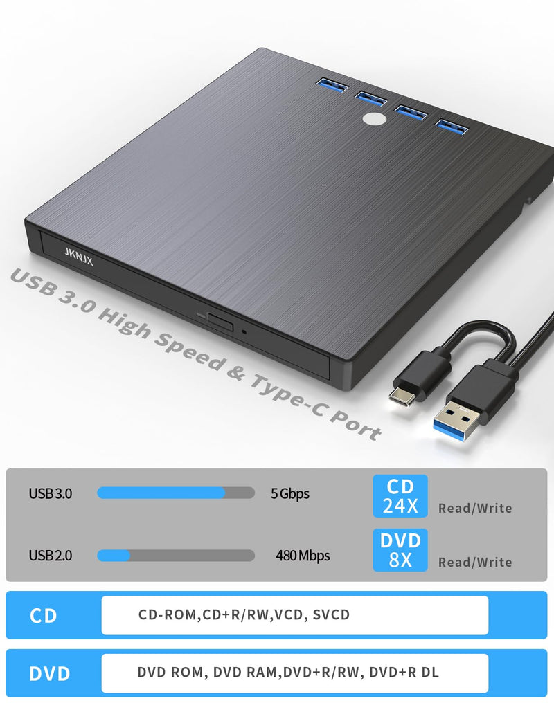 9 in 1 External CD DVD Drive, USB 3.0 and Type-C Disc Reader Burner Player | Optical Drive for PC Laptop Desktop MacBook Mac Windows Linux OS Apple Black