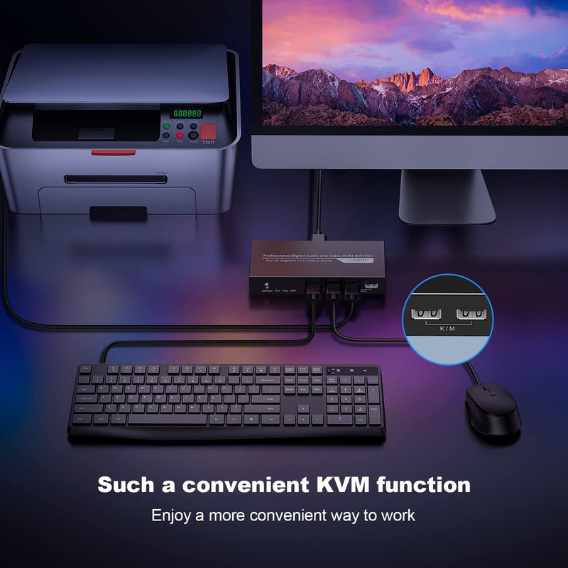 4K KVM Switch HDMI 2 Port for 2 PCs – with USB Hub | 2 computers share 1 monitor, keyboard, mouse, printer & USB drive. 4K@60Hz, plug & play, hotkey switching.