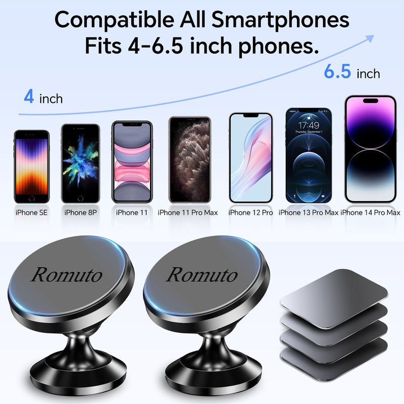 【 2-Pack 】 Magnetic Phone Holder for car Dashboard [ Strong Magnet ] [ 4 Metal Plate ] iPhone Magnetic Phone Mount for car, [ 360° Rotation ] Universal Dash Car Mount Fits All Cell Phone