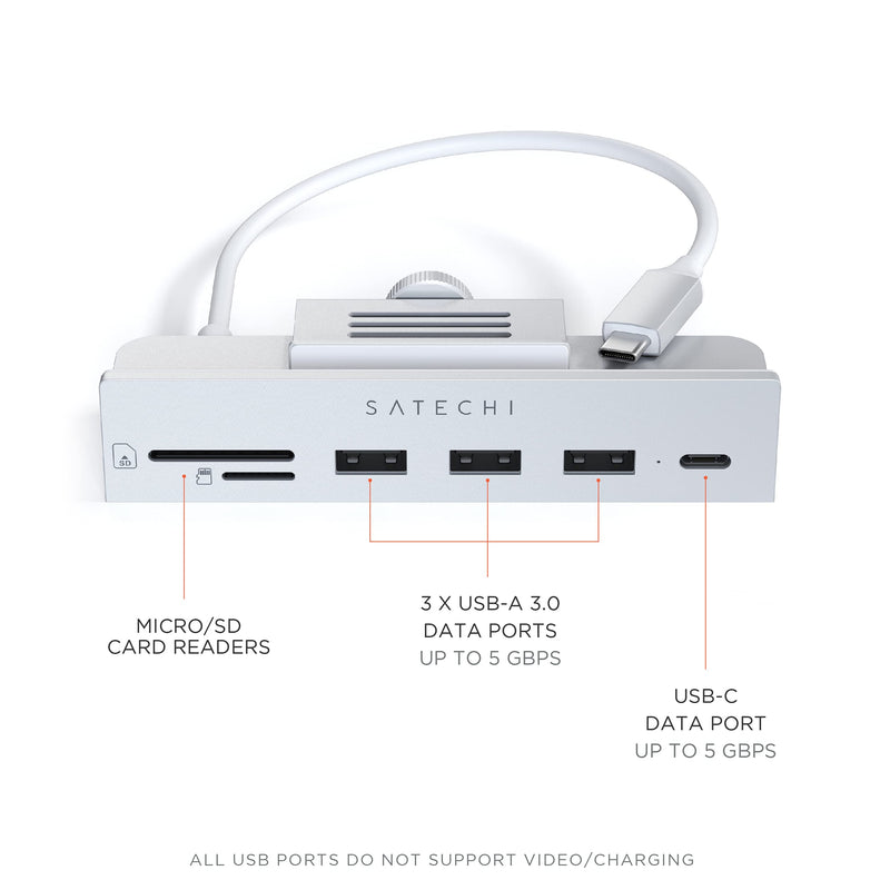 Satechi USB-C Clamp Hub – USB-C Data Port, USB-A 3.0 Data, Micro/SD Card Reader – Compatible with Apple Studio Display and 2021 iMac 24-inch. Does Not Fit 2020 iMac and Earlier Models (Silver) Silver