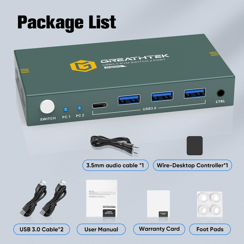 USB3.0 KVM Switch 2 Port HDMI, 4K@60Hz KVM Switch 1 Monitors 2 Computers with 3 USB3.0 Ports, HDMI KVM Switches for 2 PCs Share 1 Monitors and USB Devices, Support Button Switch, EDID Deep Blue