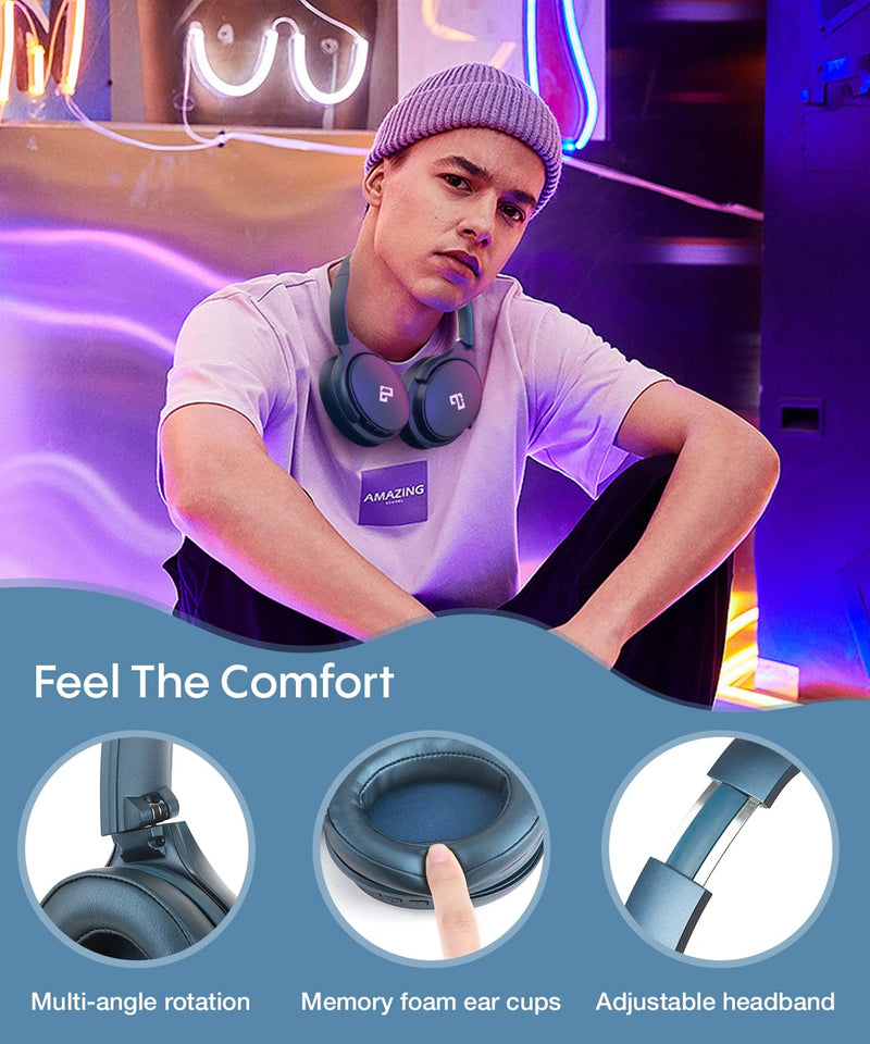 INFURTURE Active Noise Cancelling Over Ear Bluetooth Headphone Deep Bass H1 | Comfortable, Hi-Fi Stereo, 90H Playtime, Low Latency, Foldable Lightweight for Travel, Office, Sport Running - Blue