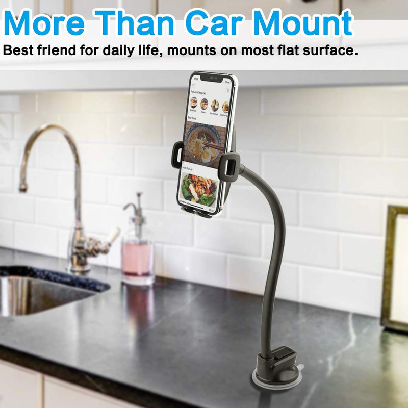 1Zero Solid Car Truck Phone Mount Holder with 14-Inch Gooseneck Long Arm, Windshield Window Mobile Holders w/Industrial-Strength Suction Cup, Anti-Shake Stabilizer Compatible All Cell Phones iPhone Black Mirror Surface with Silver Ring